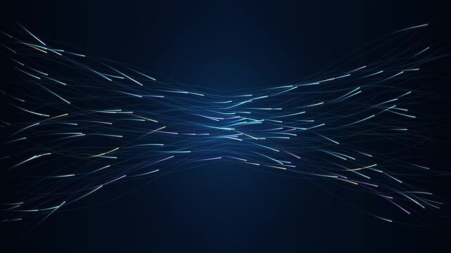 Streams of data lines converging with flowing light particles, seamless loop