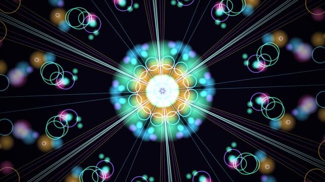 Vibrant kaleidoscope pattern of glowing circles and rays turning, seamless loop