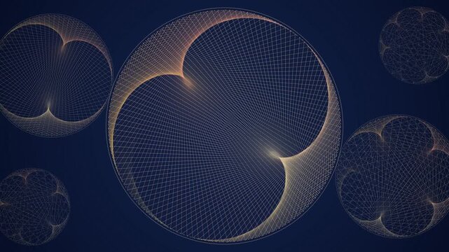 Golden string art curves weaving geometric circles on navy, seamless loop