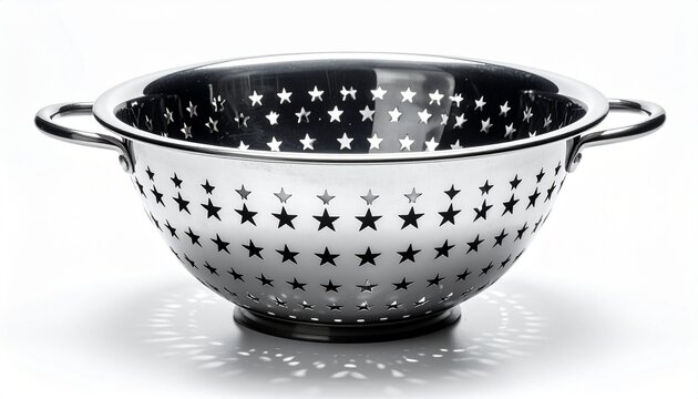 A professional studio shot of a stainless steel colander strainer bowl perforated star patterns hole on white background2
