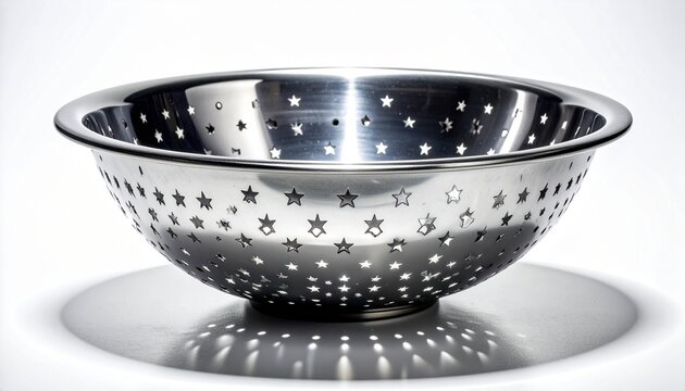A professional studio shot of a stainless steel colander strainer bowl perforated star patterns hole on white background4
