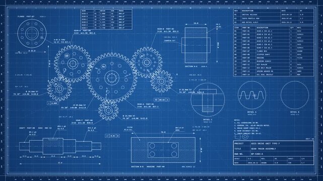 Dense technical blueprint with rotating gears and a scanning laser, seamless loop