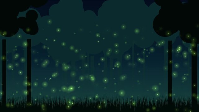 Glowing fireflies drifting through a dark summer forest at night, seamless loop