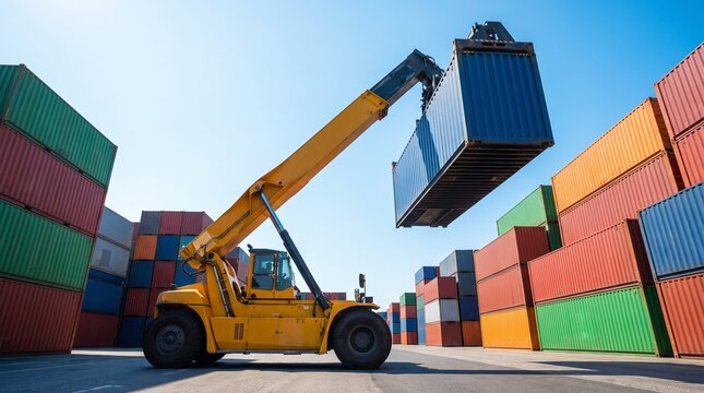 Yellow reach stacker heavy equipment lifting a cargo container in a logistics shipping yard