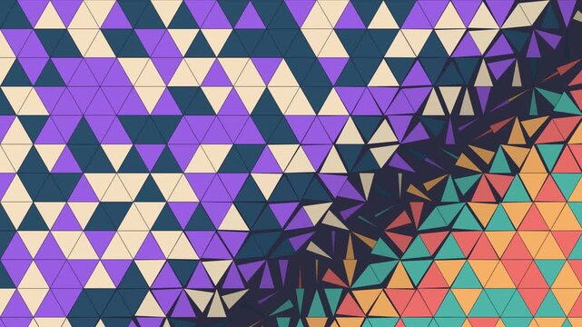 Colorful origami triangles flipping over in waves, seamless loop