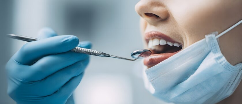 Close-up dental examination: mirror and gloved hand near patient