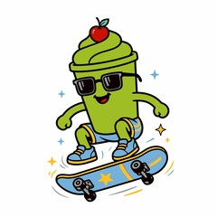 Cute kawaii matcha milkshake mascot riding skateboard wearing sunglasses with cherry on top © Ade