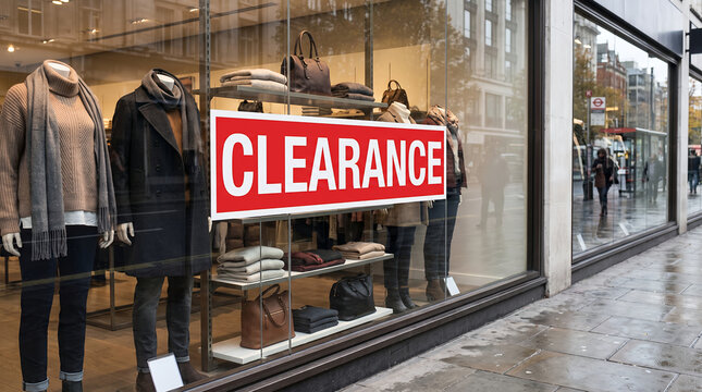 Retail store clearance sale sign displayed in a shopping window  