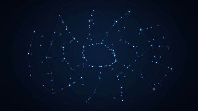 An abstract digital animation of a blue interconnected network. Glowing nodes and links pulse in a dark space, illustrating concepts of data, technology, and neural pathways.