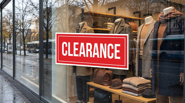 Clearance sale sign displayed in boutique window with clothing mannequins  