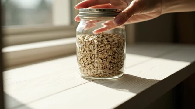 A hand places a glass jar of rolled oats on a sunlit wooden windowsill. Warm morning light highlights the healthy breakfast staple and casts soft shadows.