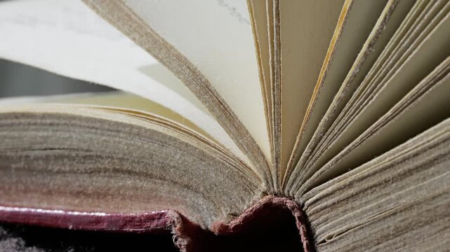 Pages of a thick hardcover book open wide in natural sunlight while resting on a dark surface indoors