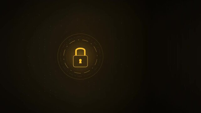 A golden padlock icon glows and pulses at the center of a dark, digital interface, representing advanced cyber security, data protection, and secure encrypted systems in a futuristic setting.