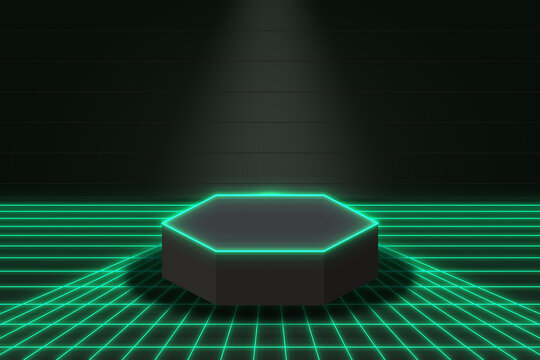 Pixel art game platform with neon green grid lines and dark stage for retro video game character display