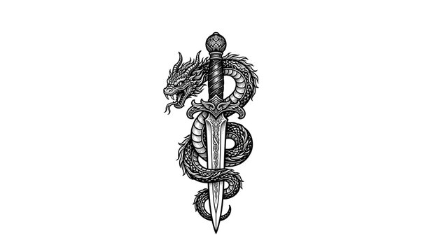 Detailed black ink illustration of a mystical dragon coiled around an ornate medieval dagger