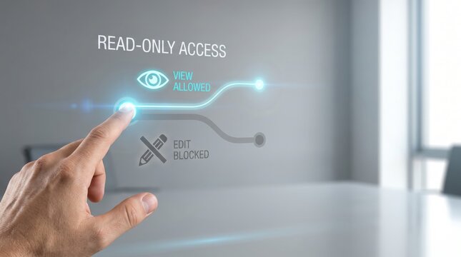 Personal Agent Protocol - A bare hand hovering over a digital interface symbolizing read-only access, enabling viewing rights while blocking editing capabilities.