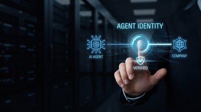 Personal Agent Protocol - A human hand activates a verification checkpoint to confirm AI agent identity before company system access.