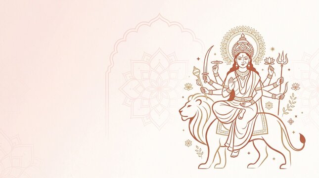 Goddess Durga riding a lion in a devotional Hindu illustration on a pale blush background