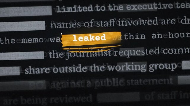 A redacted confidential document with the word leaked highlighted, representing a whistleblower scandal.