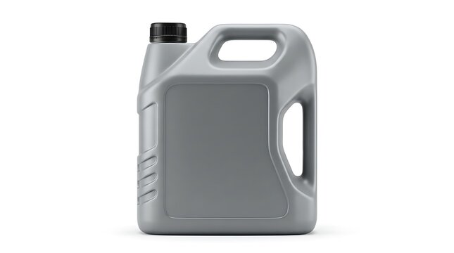 Blank grey plastic jug container for engine oil or chemical liquid with a black screw cap lid top. plastic oil jug