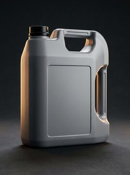 A grey plastic gallon container for motor oil or chemical liquid standing on a dark textured surface. plastic oil jug