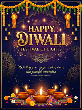 Happy Diwali Festival of Lights Poster Design with Glowing Diyas Marigold Garlands Hanging Lanterns and Mandala Frame