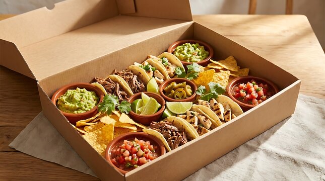 A delicious taco kit box with fresh meat and vegetables prepared for a fun party meal at home dinner. Mexican food boxes