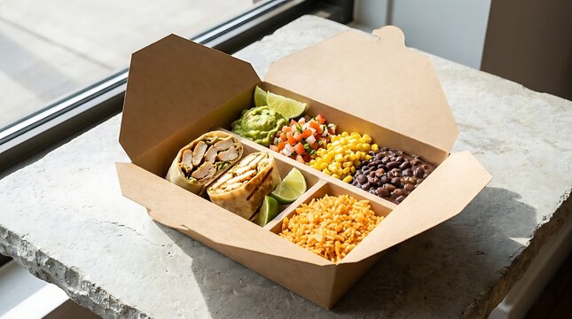Healthy lunch meal prep box with grilled chicken wraps and colorful fresh vegetables and grains bowl. Mexican food boxes