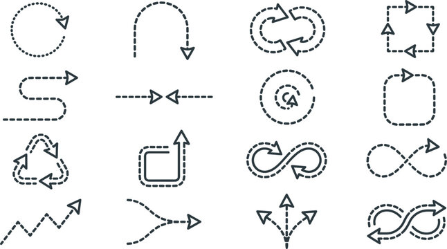 Dotted arrow vector icon set featuring dashed lines for loops infinity cycles square paths growth trends and direction signs