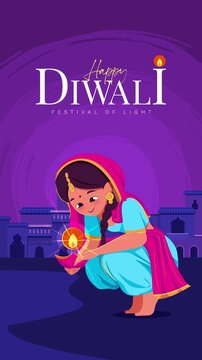 Happy Diwali Celebration with Traditional Indian Woman Lighting Diya and Purple Festival Background 4K Vertical Motion Graphics Animation