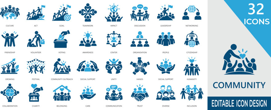 Community solid icons. People group network, social teamwork, public support & unity partnership symbols. Black glyph vector.