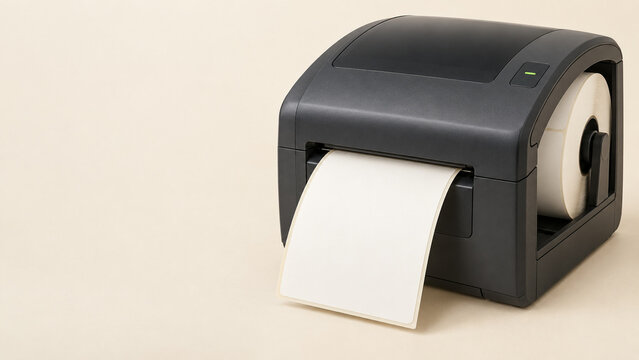 Compact label printer dispensing a blank ivory shipping label