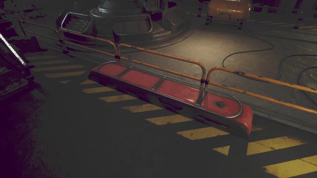 A striking view of an industrial setting features a prominent red platform amidst yellow caution stripes. The environment is dimly lit, highlighting the rugged surfaces and complex machinery present.