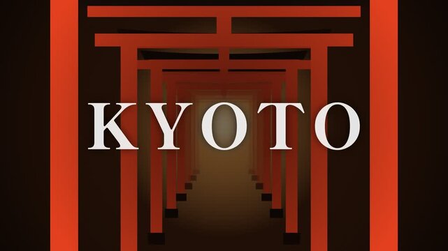 KYOTO text with a small kanji seal in Japanese style, walking deeper through rows of vermilion torii gates until the word appears, vermilion and black, 4K