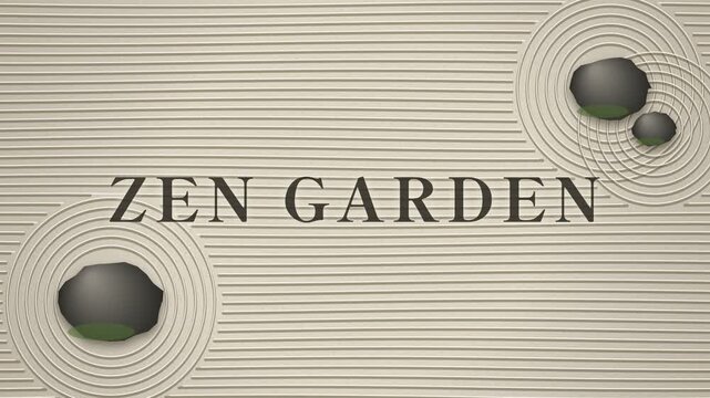 ZEN GARDEN text with a small kanji seal in Japanese style, a rake drawing lines in white sand with ripples around stones, sand and ink black, 4K