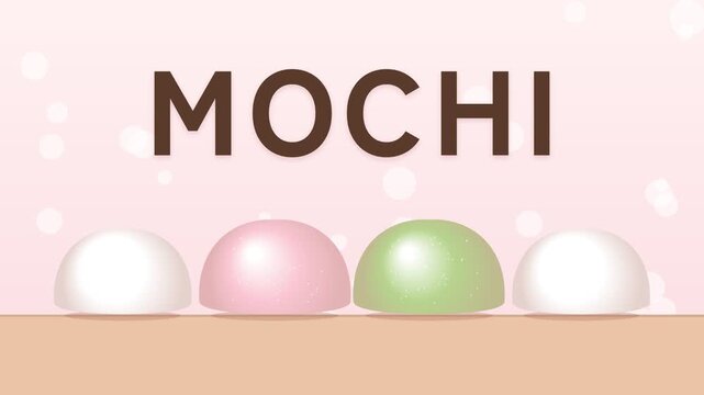 MOCHI text with a small kanji seal in Japanese style, round rice cakes bouncing softly into a row, white, sakura pink and matcha green, 4K