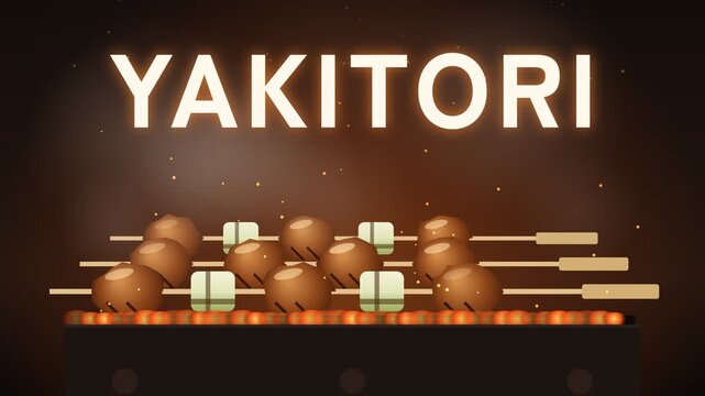 YAKITORI text with a small kanji seal in Japanese style, skewers lined up on a grill with charcoal smoke and sparks, charcoal and orange, 4K