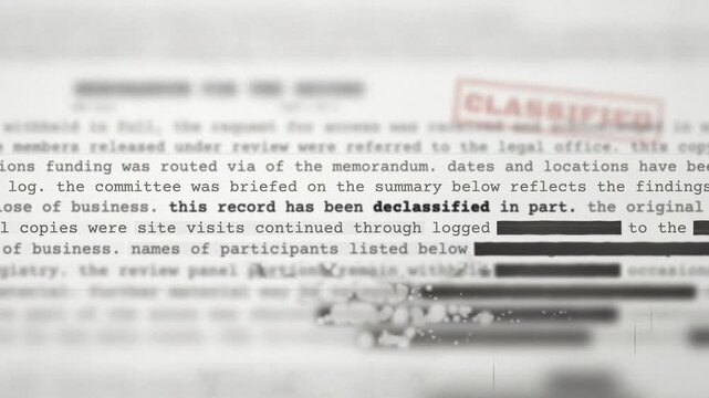 Government document transitioning from redacted text to a declassified state for public transparency.