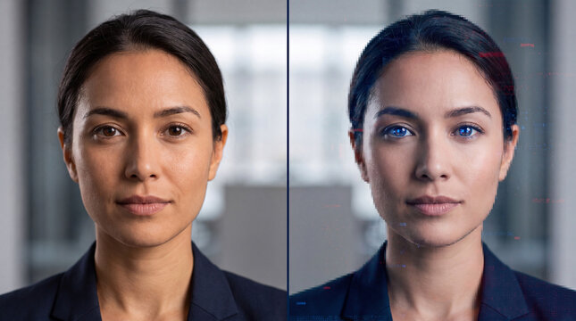 Split portrait compares a natural human face with a digitally altered synthetic version. AI deepfakes, biometric spoofing and identity manipulation.