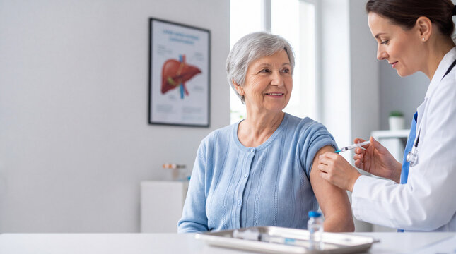 Senior woman receives a hepatitis vaccination by intramuscular injection from a female doctor during a preventive healthcare visit at a modern clinic.