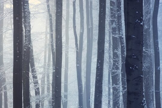 Beech tree trunks fagus sylvatica covered with snow in foggy winter forest close-up. Frozen trees in misty woodland background.