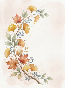 Elegant watercolor fall foliage border for autumn season cover design, ideal for seasonal invitations, greetings, and serene nature-inspired backgrounds