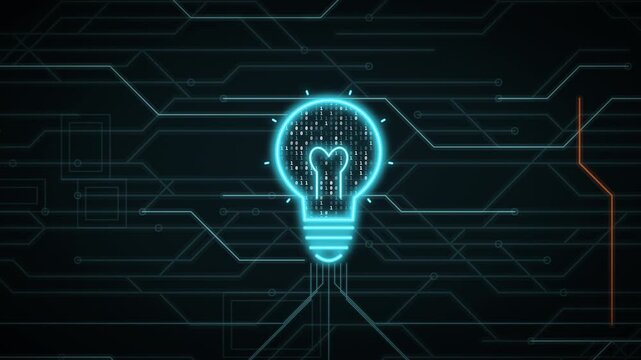 Glowing lightbulb icon with binary code on a digital circuit background representing AI innovation.