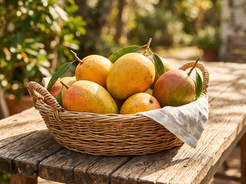 Mango in wicker basket on wooden table in Natural sunny day with warm sunlight of close view