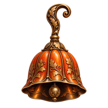 Ornate Antique Copper Christmas Bell with Golden Autumn Leaf Engravings and Decorative Curved Handle Isolated on Transparent Background