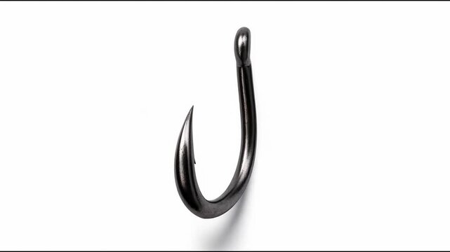 A single black fishing hook on a white background