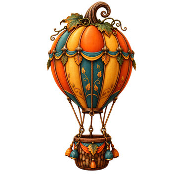 Ornate Autumn Pumpkin Hot Air Balloon with Teal and Gold Panels, Decorative Leaves and Woven Basket Isolated on Transparent Background