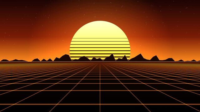 Retro desert outrun sunset with red orange sky, gold sun and orange grid, seamless loop