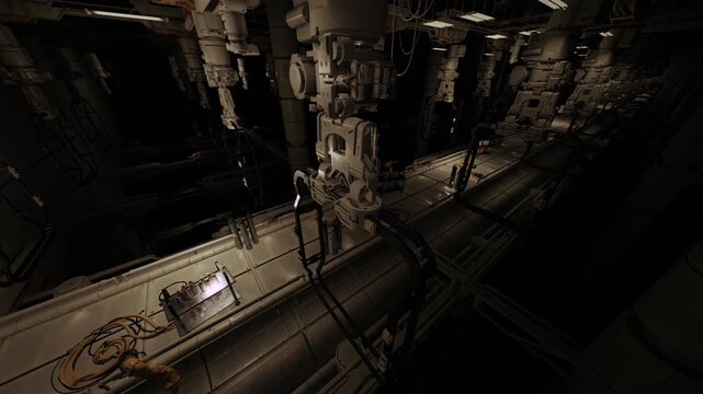 In a dimly lit machinery hall, complex devices stand tall against the shadows. Cables and tubes intertwine, hinting at advanced technology. The atmosphere buzzes with mystery and innovation.