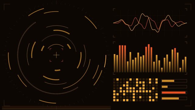 Amber retro sci-fi cockpit HUD with rings, graphs and bars, seamless loop